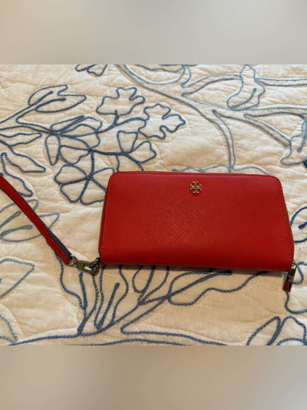 Tory Burch Red Zip Wallet Wristlet with Gold Logo